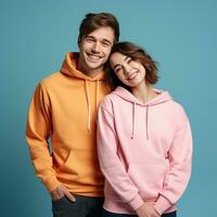 illustration de une modecouple portrait avec plaine sweat à capuche maquette, ai généré photo