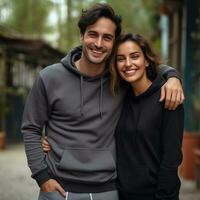 illustration de une modecouple portrait avec plaine sweat à capuche maquette, ai généré photo