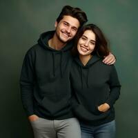 illustration de une modecouple portrait avec plaine sweat à capuche maquette, ai généré photo