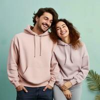 illustration de une modecouple portrait avec plaine sweat à capuche maquette, ai généré photo