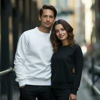 illustration de une couple mode portrait avec plaine chandail maquette, ai. génératif photo