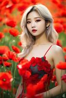 magnifique asiatique fille avec blond cheveux dans fleur jardin ai génératif photo