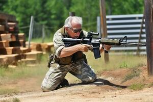 une homme avec une fusil sur une tournage gamme.ai génératif photo