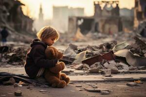 une enfant en jouant dans une détruit ville.ai génératif photo