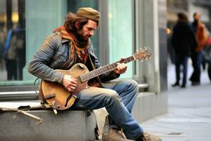une rue musicien en jouant une chanson sur le route.ai génératif photo