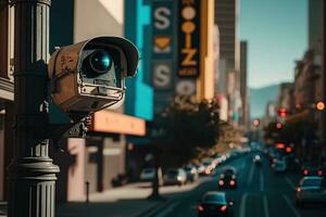 Sécurité caméra surveillance activité sur une ville rue. ai généré photo