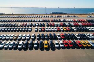 aérien vue de beaucoup Nouveau voitures à une port.ai génératif photo
