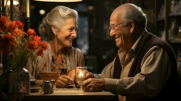 un personnes âgées couple dans aimer, une homme et une femme, sont séance à une tableau, à la recherche à chaque autre avec l'amour et souriant photo