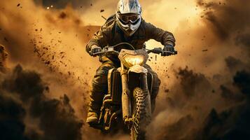 motocycliste monte une se rallier moto par boue et le sable sur le hors route pendant une motocross course photo