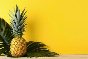 Frais ananas avec tropical paume et monstera feuilles sur une Jaune table Contexte ai généré photo