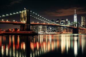 Brooklyn pont et Manhattan horizon à nuit, Nouveau york ville, Brooklyn pont nuit exposition, ai généré photo
