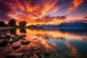 le coucher du soleil plus de Lac luzerne, Suisse. longue exposition, brillant le coucher du soleil plus de Lac Genève, Suisse, d'or des nuages réfléchir dans le eau, ai généré photo