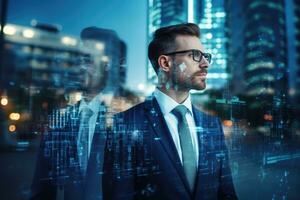 double exposition de Jeune homme d'affaire avec paysage urbain et numérique affaires interface, homme d'affaire tirer parti ai La technologie sur une floue Urbain zone arrière-plan, ai généré photo