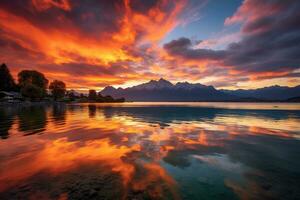 le coucher du soleil plus de Lac luzerne, Suisse, avec réflexion dans le eau, brillant le coucher du soleil plus de Lac Genève, Suisse, d'or des nuages réfléchir dans le eau, ai généré photo