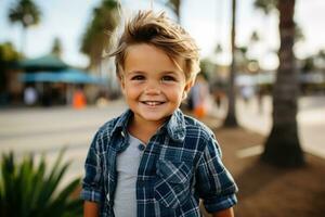 garçon quatre ans vieux Heureusement pose pour caméra dans san Diego photo