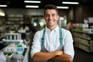 de bonne humeur Jeune employé dans épicerie boutique souriant à le caméra photo