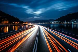 une nuit scène de une Autoroute capturé avec longue exposition photo