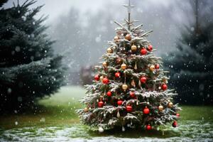 une neige couvert Noël arbre avec rouge et blanc décorations photo