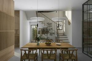 minimaliste à manger vue global pouvez voir escaliers, foyer espace intérieur avec en bois meubles. Accueil décor 3d le rendu photo