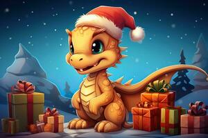 une mignonne dessin animé rouge dragon dans une Père Noël chapeau est assis suivant à le Noël cadeaux. Nouveau année animal illustration. photo