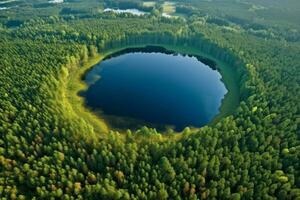 circulaire Lac dans vert forêt. produire ai photo