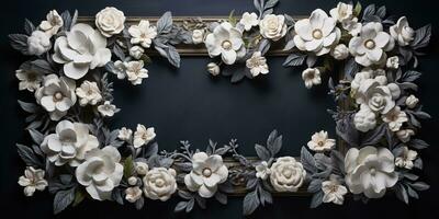 génératif ai, ancien Cadre avec blanc fleurs, futuriste victorien, noir Contexte photo