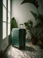 éditorial photo de une vert valise ensemble contre blanc toile de fond, encadré par luxuriant vert les plantes. parfait mélanger de Voyage et nature, capturer le essence de moderne, éco-responsable aventures.