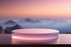 rose verre transparent podium contre le toile de fond de une Montagne paysage. podium, étape pour produit présentation. photo