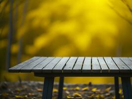 en bois table et brouiller tropical Jaune Couleur arrière-plan, produit afficher montage. haute qualité photo 8k fhd ai généré