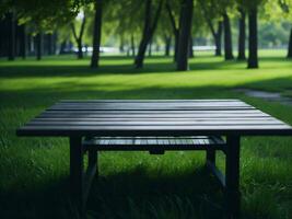 en bois table et brouiller tropical vert herbe arrière-plan, produit afficher montage. haute qualité photo 8k fhd ai généré