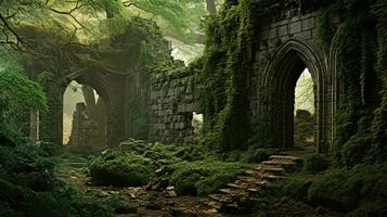 génératif ai, vieux vert ruines de historique bâtiment trop développé par mousse et herbe photo