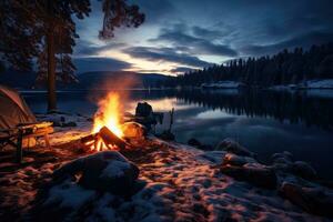 camping sur le rive de Lac Tahoe dans hiver, Californie, camp par le Lac avec feu de camp dans hiver à crépuscule, ai généré photo
