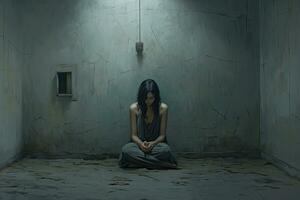 horreur scène de une Jeune femme dans une foncé abandonné bâtiment, capture le profond désolation de une femme séance dans une coin de un sans fioritures chambre, ai généré photo