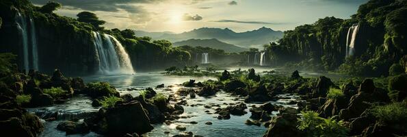 génératif ai, magnifique vert amazone forêt paysage, forêt tropicale jungle avec cascades photo