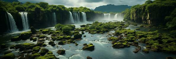 génératif ai, magnifique vert amazone forêt paysage, forêt tropicale jungle avec cascades photo