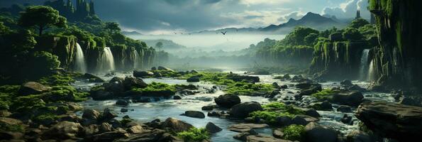 génératif ai, magnifique vert amazone forêt paysage, forêt tropicale jungle avec cascades photo