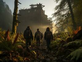 une groupe de diverse copains randonnée par une dense forêt génératif ai photo