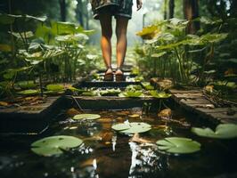 une fermer de une personne pieds en marchant sur une en bois promenade entouré par luxuriant végétation génératif ai photo