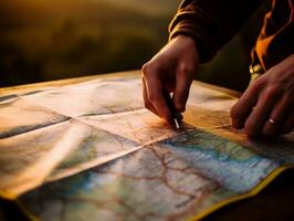 une fermer de une main en portant une carte avec une Souligné route génératif ai photo