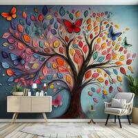 multicolore fleur avec feuilles et papillons au dessus sur le arbre illustration Contexte. 3d abstraction intérieur mur art décor fond d'écran génératif ai photo