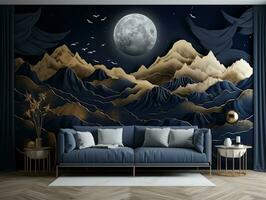 3d moderne intérieur Accueil mur décoration. d'or et foncé bleu montagnes, avec une d'or arbre avec lune foncé paysage Contexte génératif ai photo