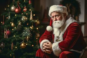 triste Père Noël claus séance sur le Contexte de une Noël arbre génératif ai photo