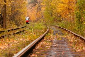 forêt d'automne parmi laquelle passe un étrange tram photo