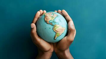 mains en portant une globe sur une bleu Contexte. monde environnement journée concept photo