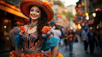 magnifique femme avec costume dans le carnaval ai génératif photo