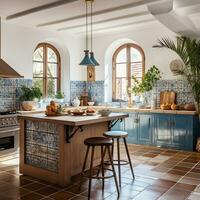 moderne artisanal cuisine avec bleu carrelage et traditionnel catalan architecture génératif ai photo