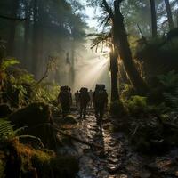 une groupe de diverse copains randonnée par une dense forêt génératif ai photo