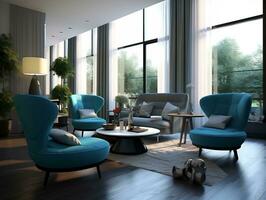 intérieur moderne vivant pièce avec bleu les fauteuils et café table génératif ai photo