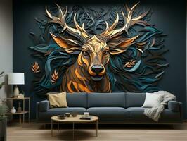 abstrait moderne 3d intérieur mural mur art foncé vert et d'or forêt des arbres, cerf animal faune avec des oiseaux, d'or lune, et vagues montagnes génératif ai photo