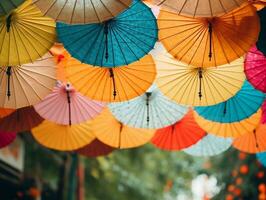 coloré bannière avec une bouquet de papier parapluies génératif ai photo